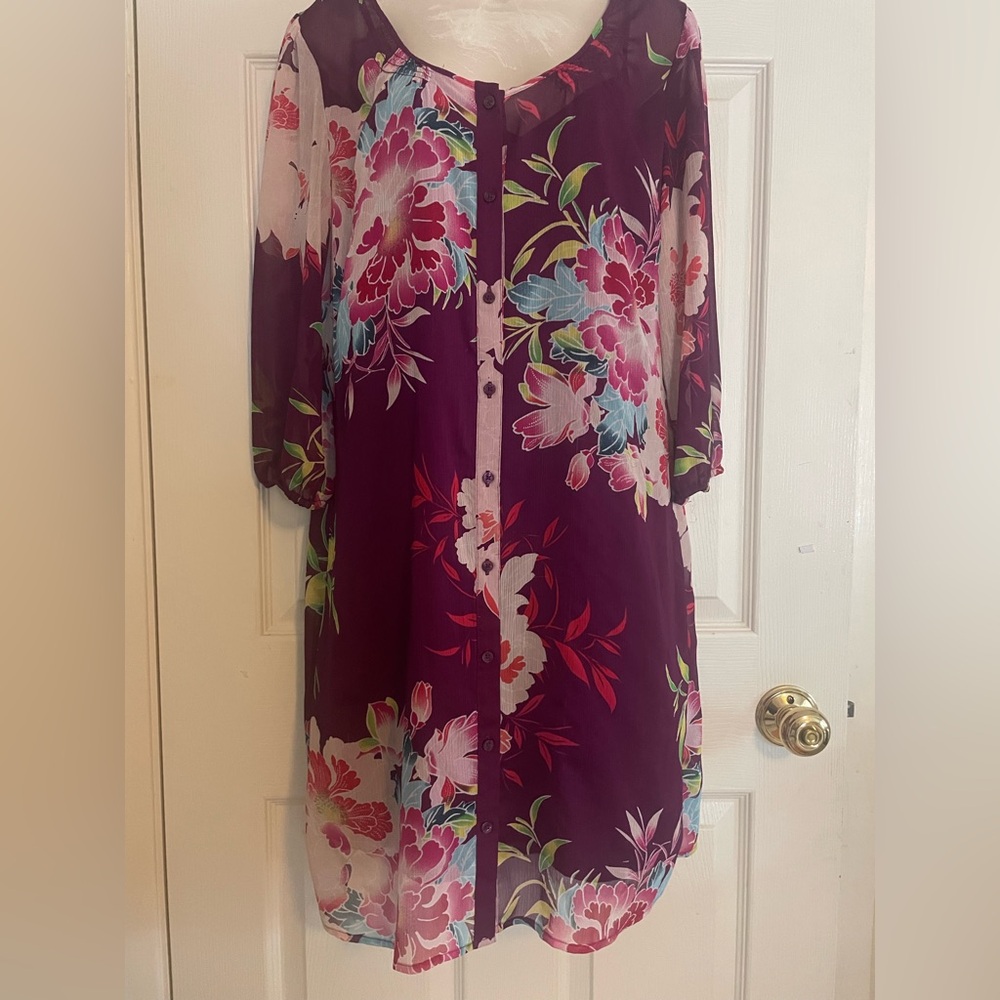 Express Plum Floral Long-Sleeve Button Front‎ Dress